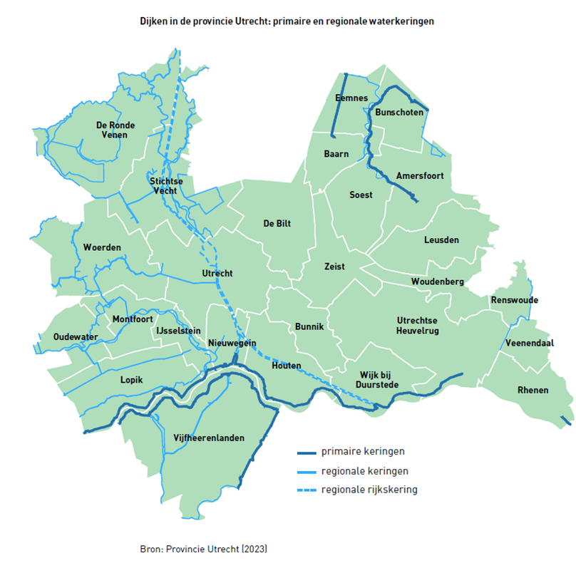 Een kaart van de dijken in de provincie Utrecht