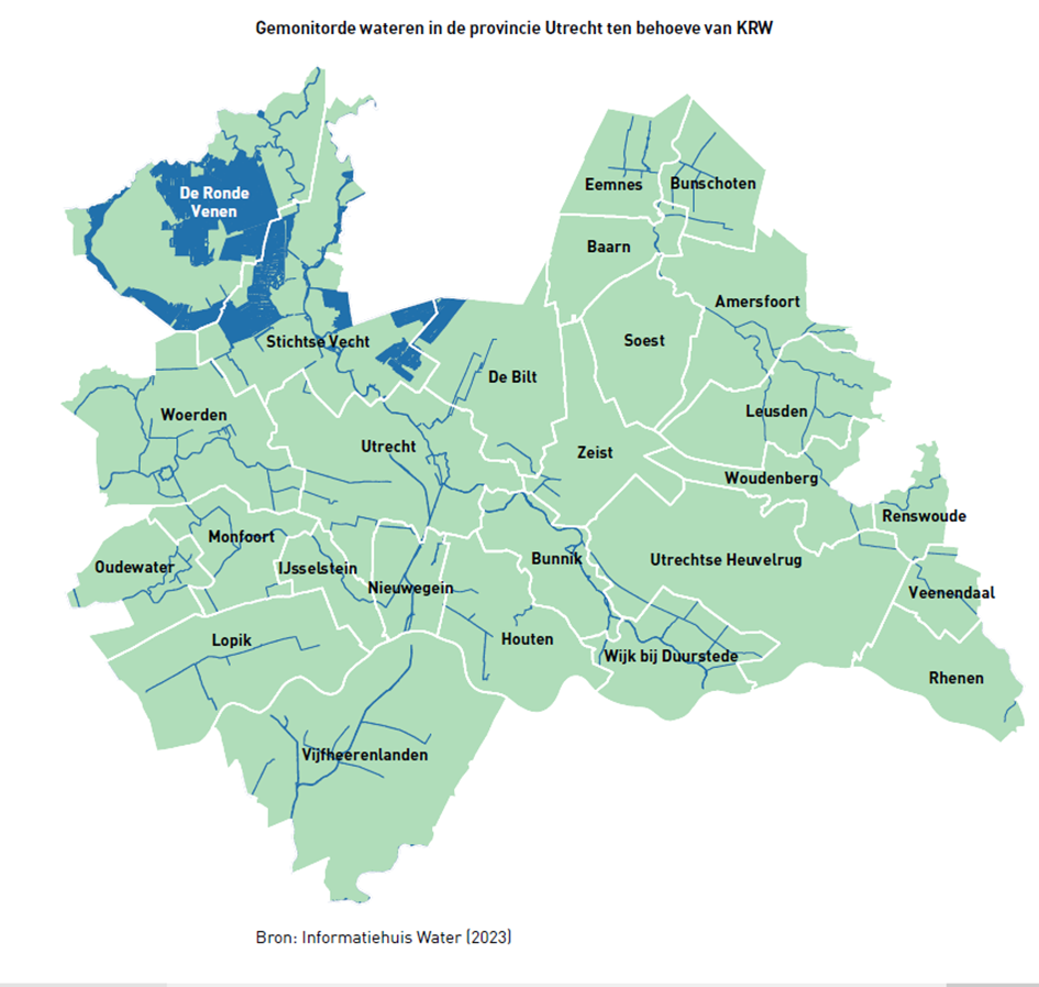 Een kaart van de gemonitorde wateren in de provincie Utrecht