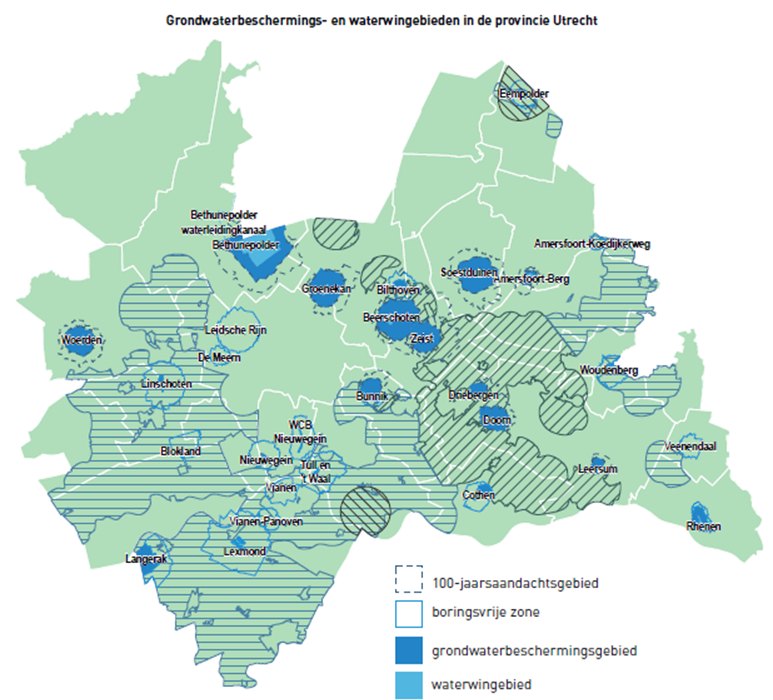 Een kaart van grondwaterbescherming en wingebieden in de provincie Utrecht