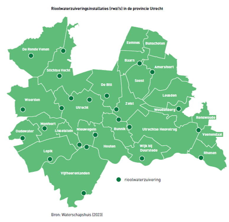 Een kaart van rioolwaterzuiveringsinstallaties in de provincie Utrecht